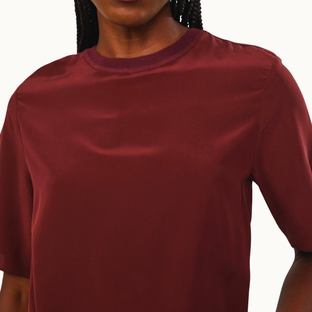 T-Shirt De Seda Bege Pret Gola Rib