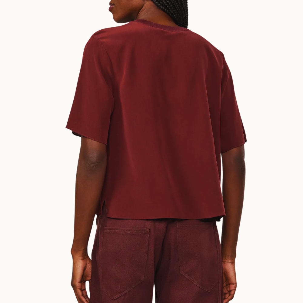 T-Shirt De Seda Bege Pret Gola Rib