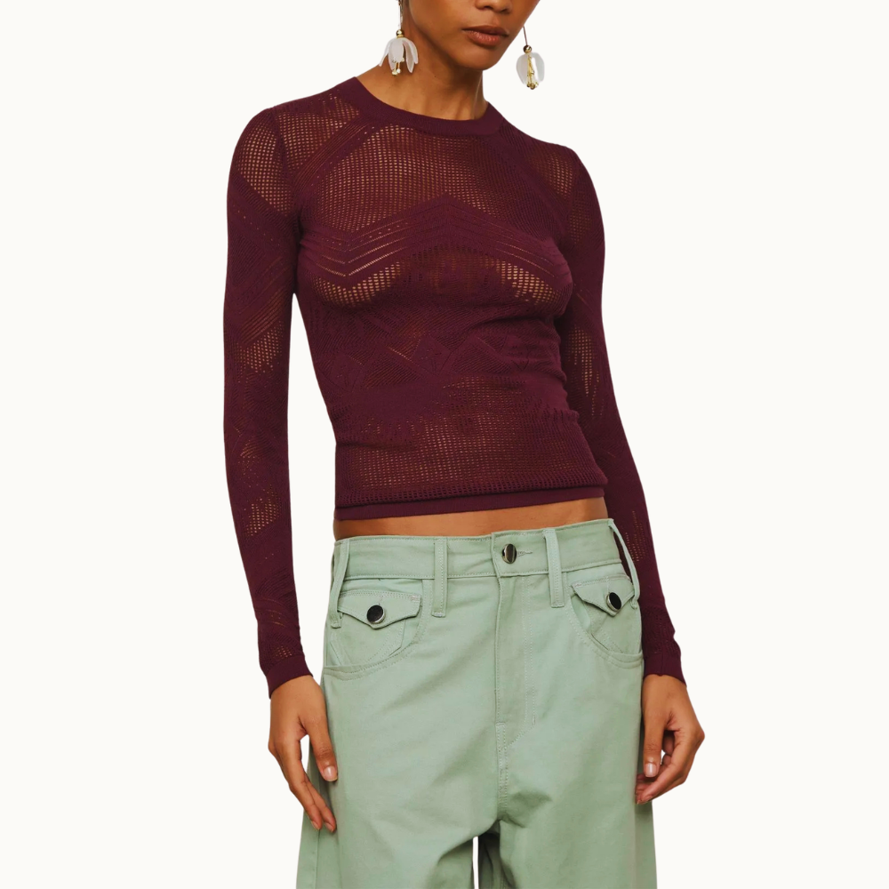 BLUSA DE TRICOT MANGA LONGA COM TRANSPARÊNCIA RENDADA