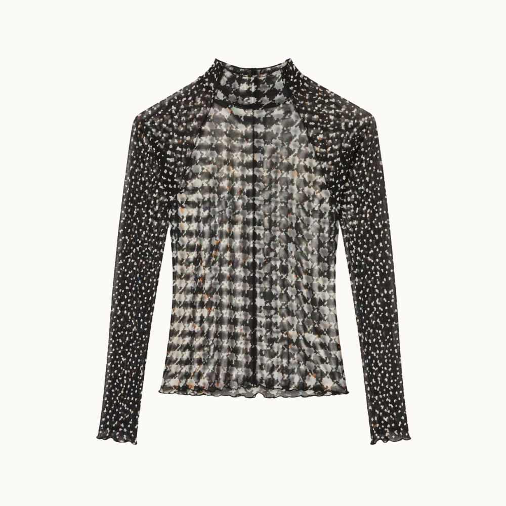 BLUSA DE TULE GOLA ALTA PIED DE POULE