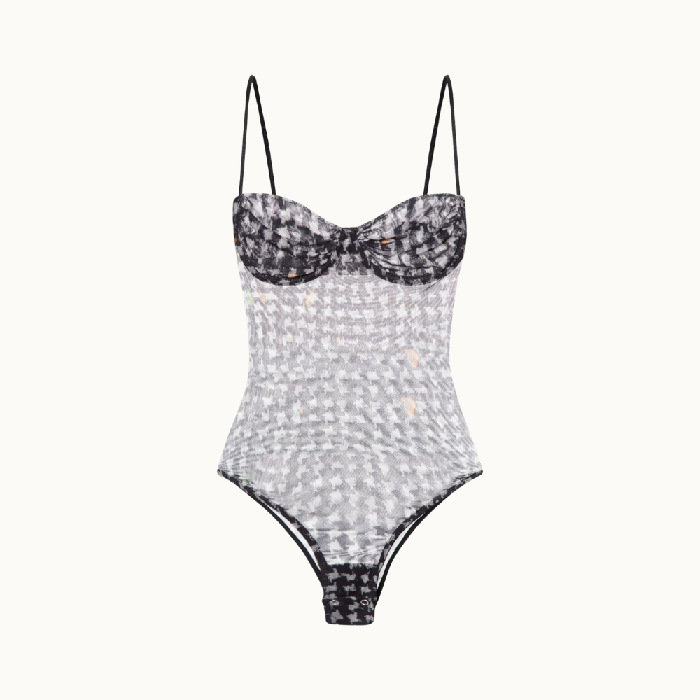 Body De Tule Com Decote Meia Taça Pied De Poule