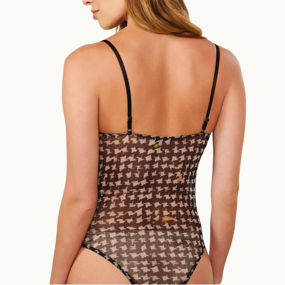 Body De Tule Com Decote Meia Taça Pied De Poule