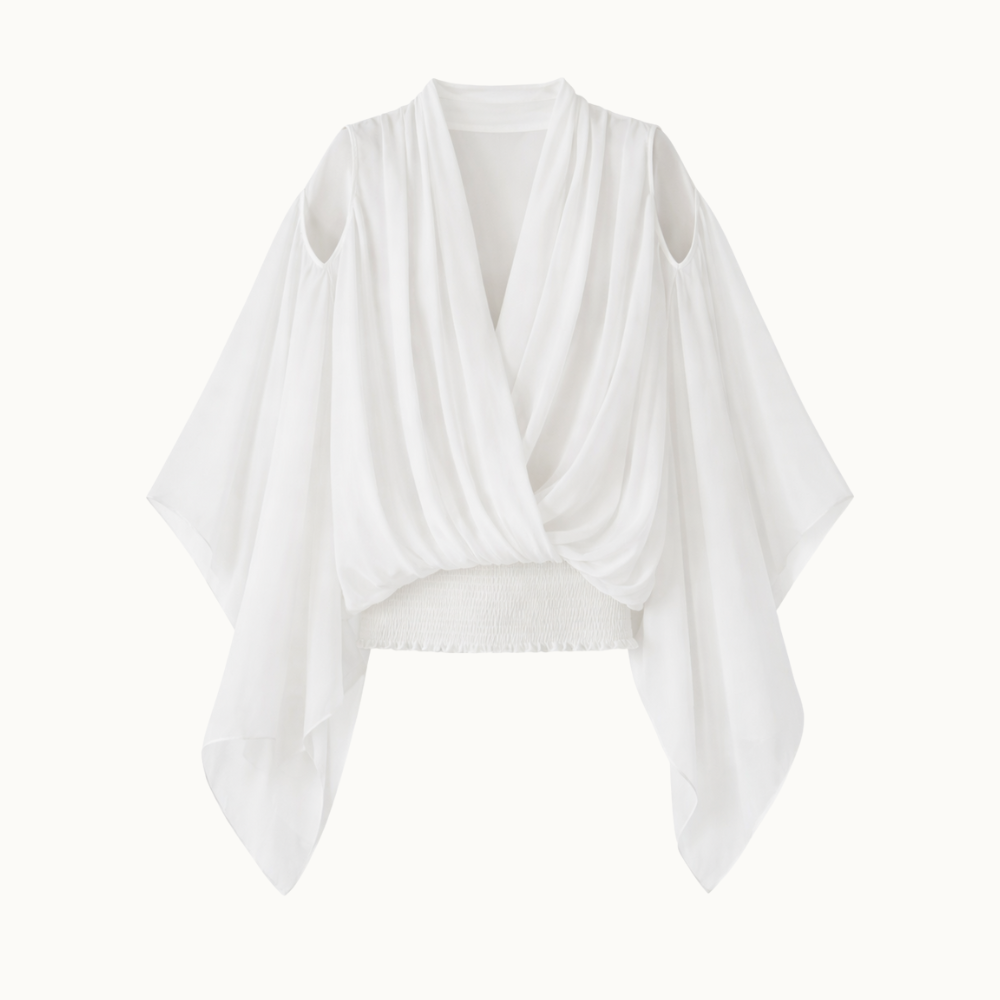 BLUSA DECOTE TRANSPASSE ELÁSTICO CINTURA MANGA AMPLA GEORGETE