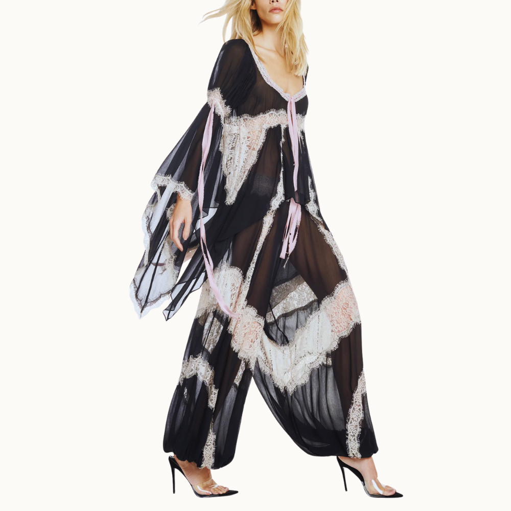 CALÇA ELÁSTICO CINTURA E BARRA CHIFFON COM RENDA