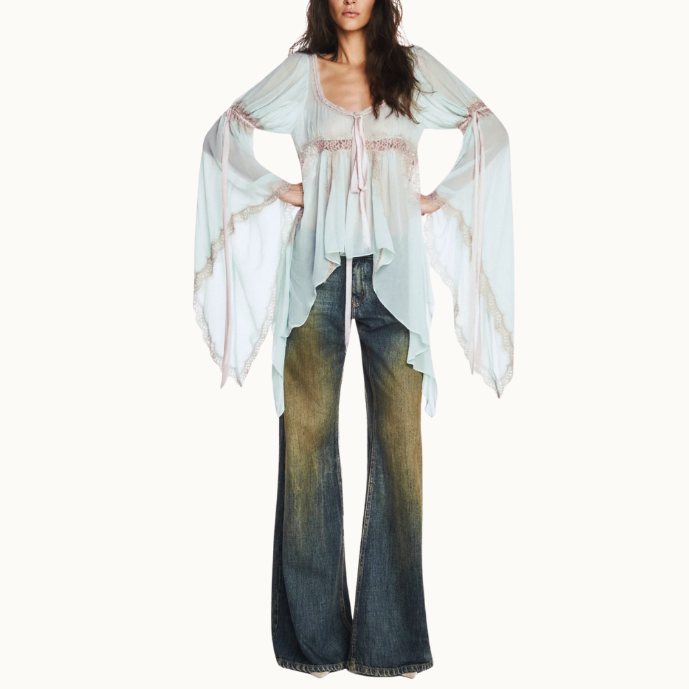 BATA MANGA LONGA CHIFFON COM RENDA