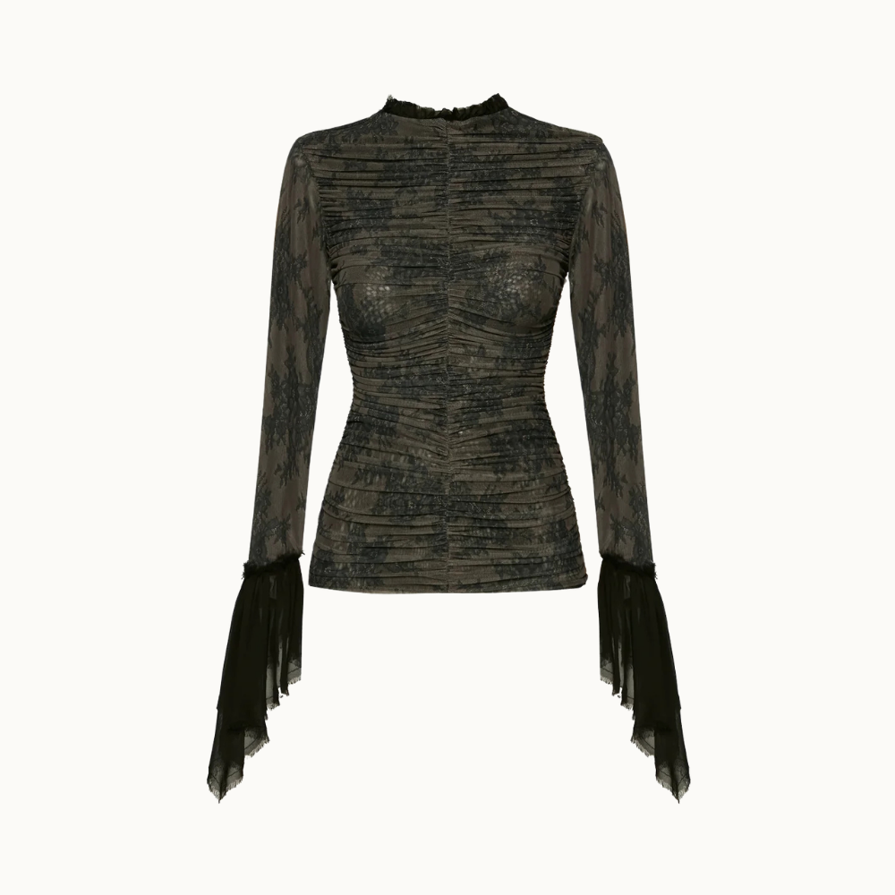 BLUSA DRAPEADA MANGA LONGA TULE ESTAMPA RENDA