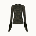 BLUSA DRAPEADA MANGA LONGA TULE ESTAMPA RENDA