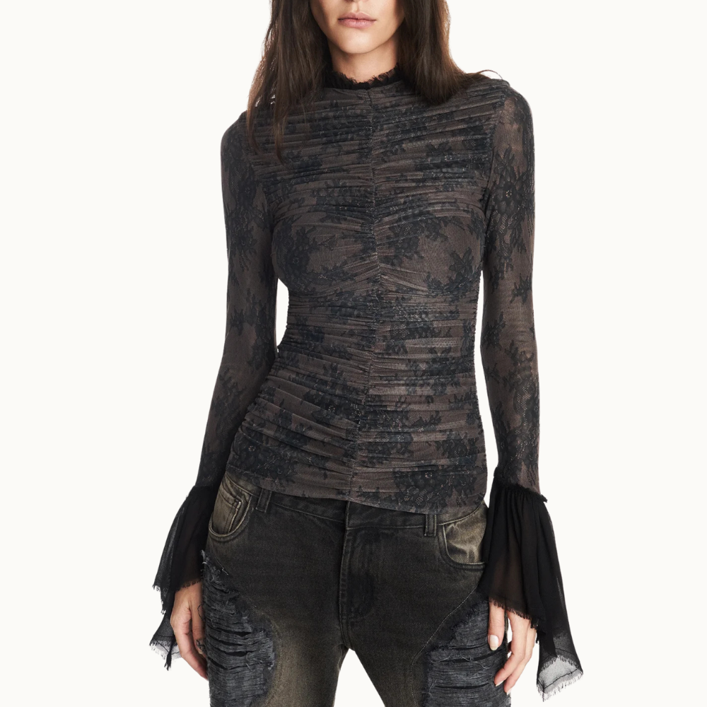BLUSA DRAPEADA MANGA LONGA TULE ESTAMPA RENDA