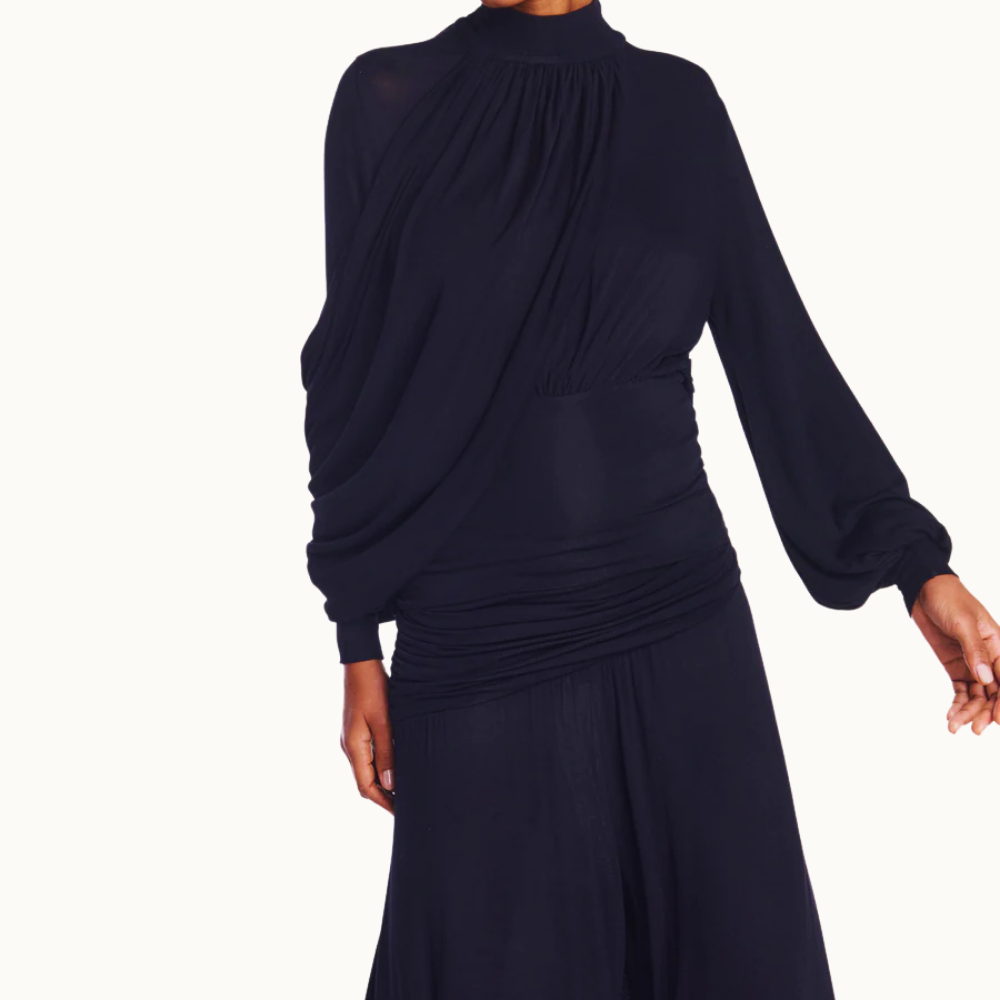 BLUSA GOLA ALTA MANGA LONGA PALA CINTURA FAIXA DRAPEADA