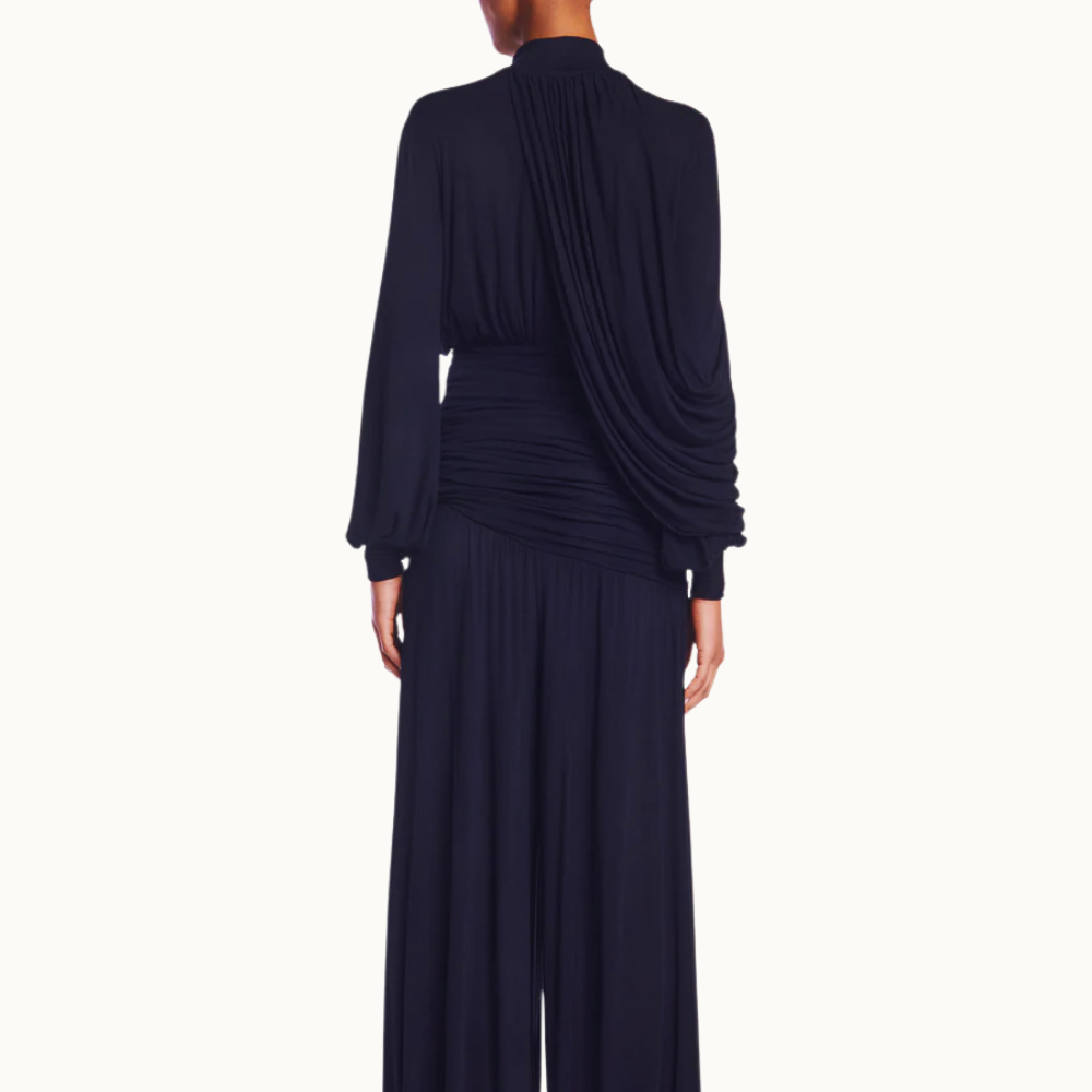 BLUSA GOLA ALTA MANGA LONGA PALA CINTURA FAIXA DRAPEADA