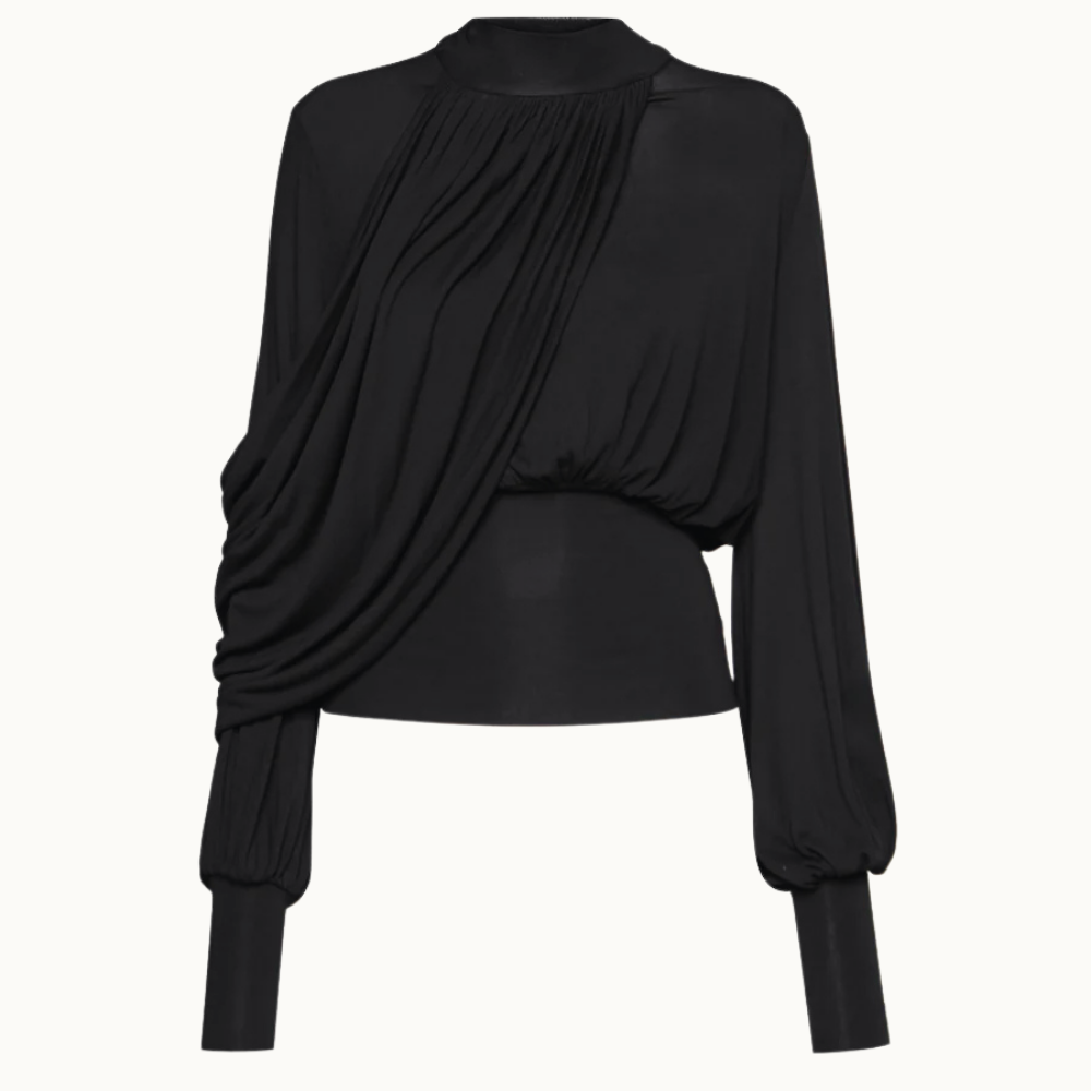 BLUSA GOLA ALTA MANGA LONGA PALA CINTURA FAIXA DRAPEADA