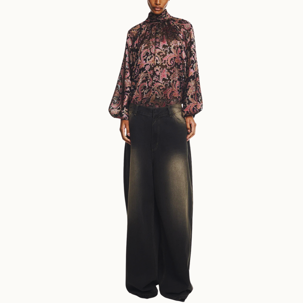 BLUSA MANGA LONGA GOLA ALTA GEORGETE DEVORÊ PRETO E VERMELHO