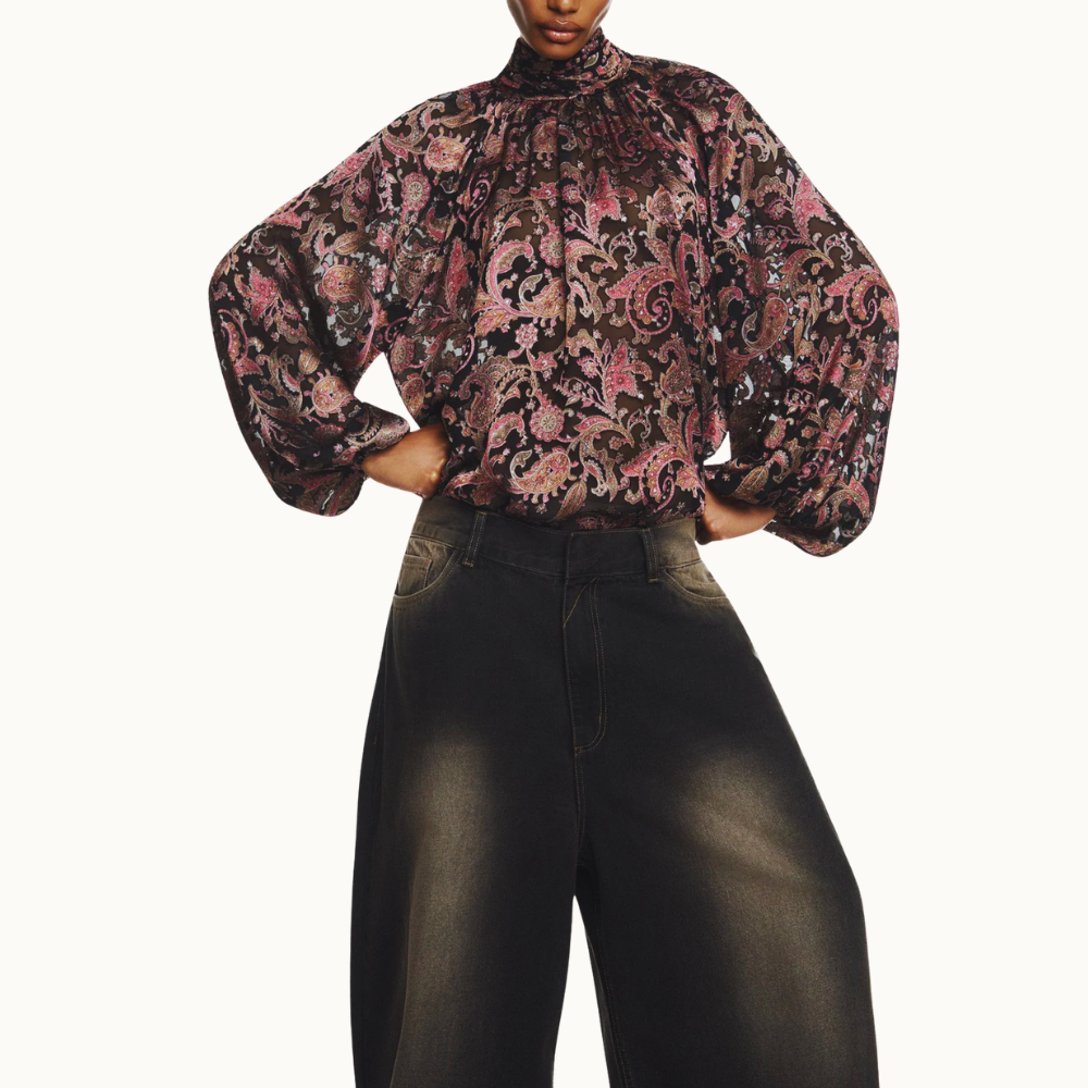 BLUSA MANGA LONGA GOLA ALTA GEORGETE DEVORÊ PRETO E VERMELHO