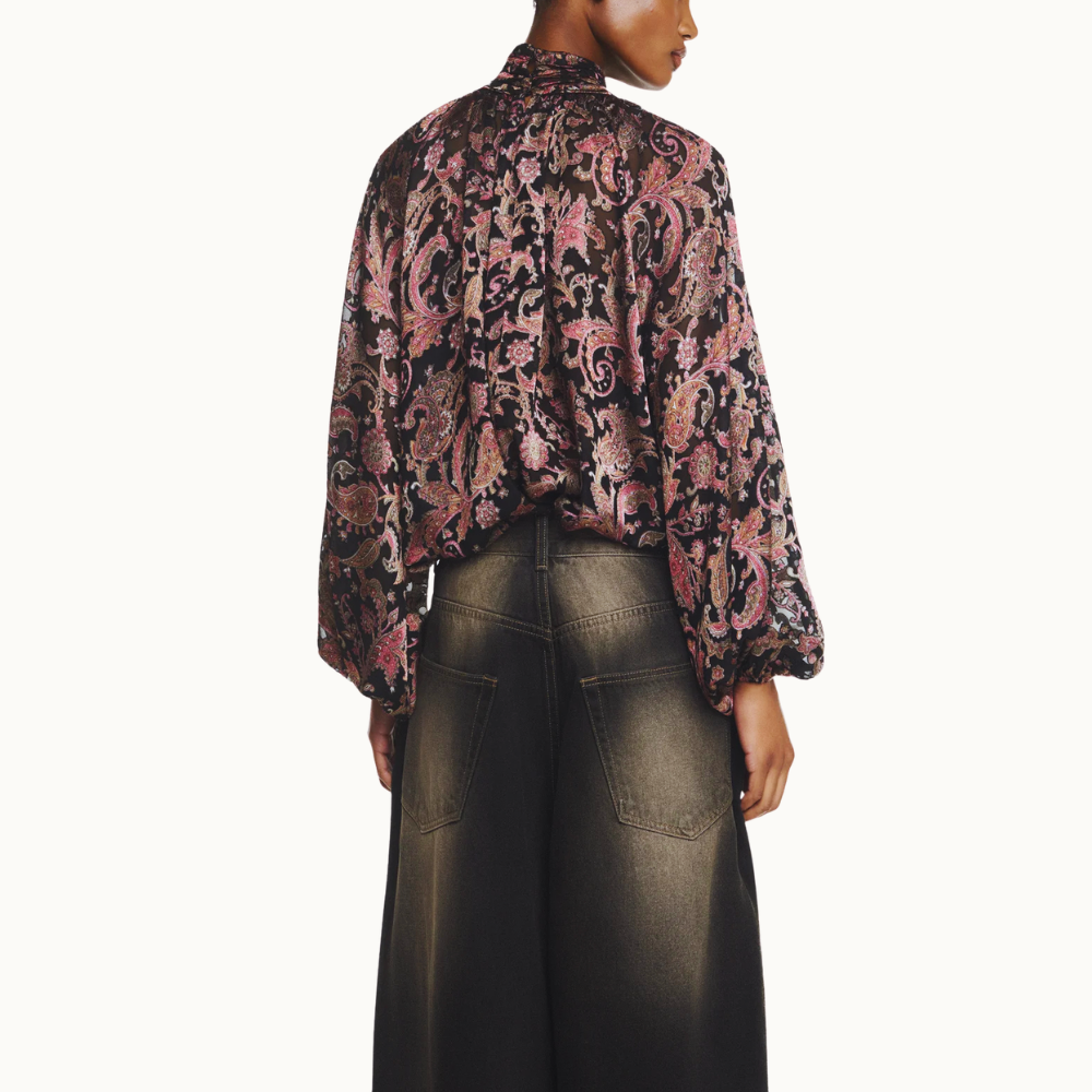 BLUSA MANGA LONGA GOLA ALTA GEORGETE DEVORÊ PRETO E VERMELHO