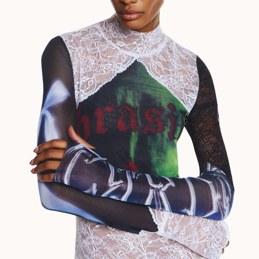 BLUSA MANGA LONGA GOLA ALTA TULE E RENDA BRASIL