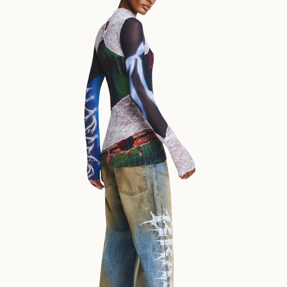 BLUSA MANGA LONGA GOLA ALTA TULE E RENDA BRASIL