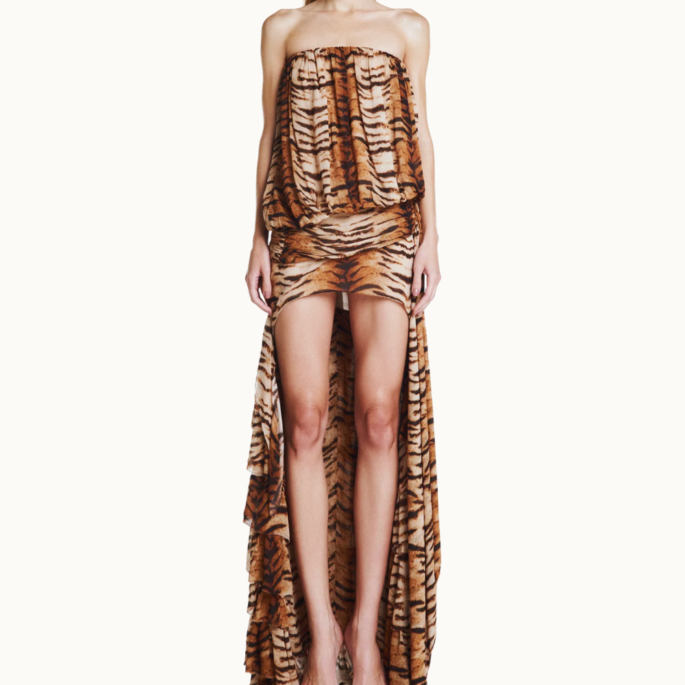 BLUSA TOMARA QUE CAIA COM FAIXA ASSIMÉTRICA TIGRE