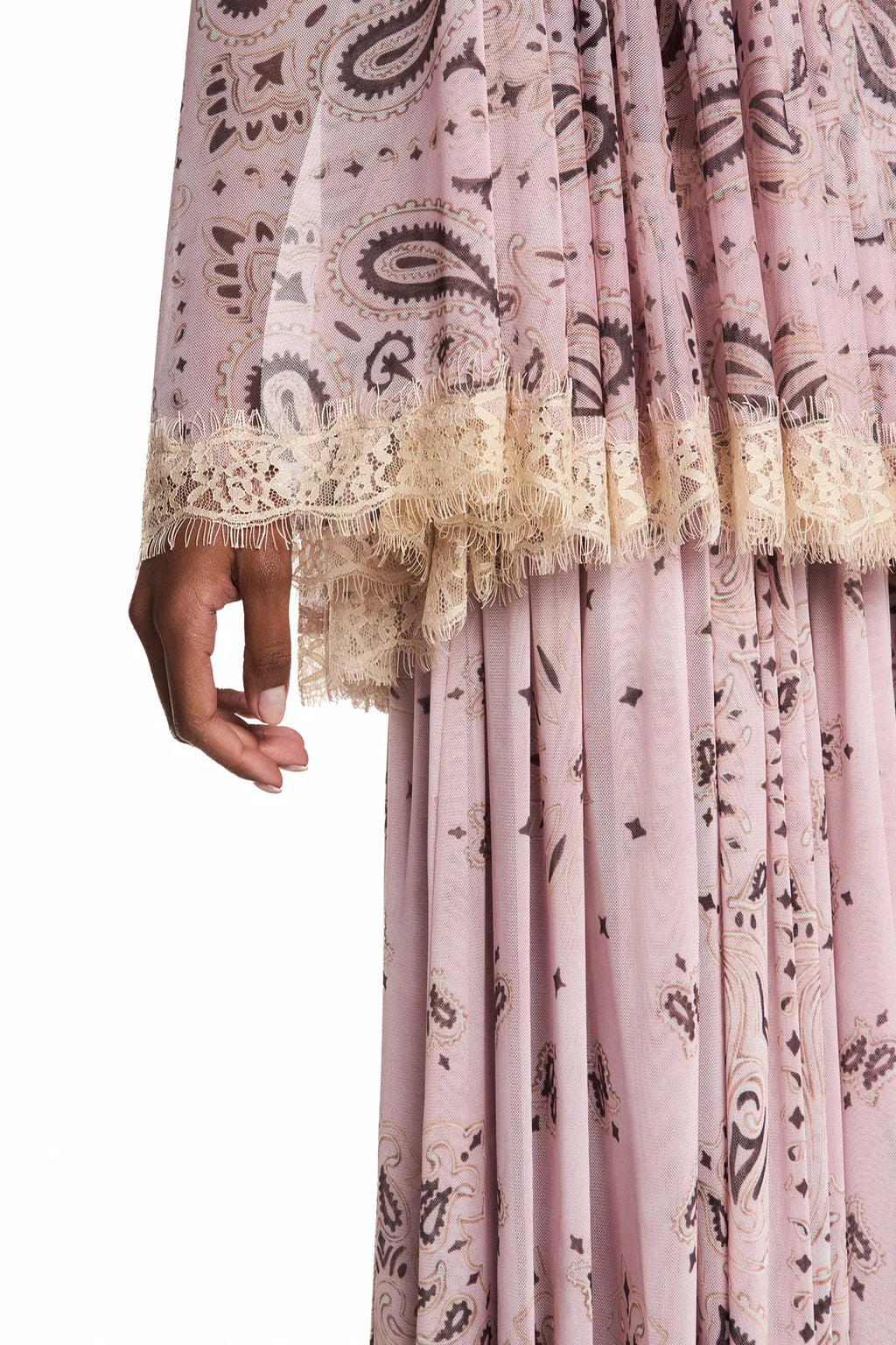 BLUSA AMPLA MANGA LONGA RENDA BEGE BANDANA ROSA
