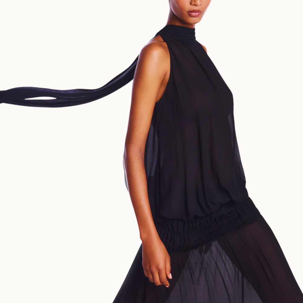 BLUSA GOLA ALTA SEM MANGA ELÁSTICO BARRA GEORGETE