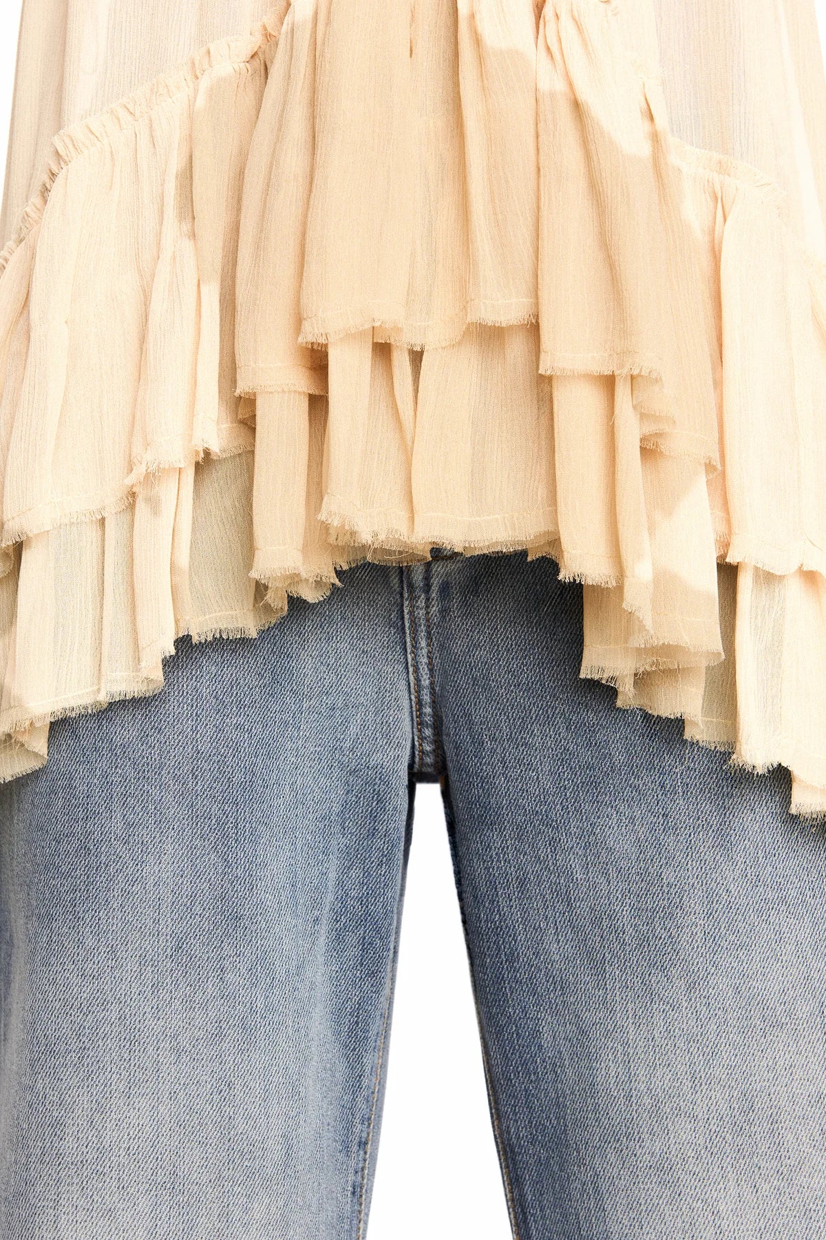 BLUSA SEM MANGA GOLA ALTA BABADOS BARRA CHIFFON AMARELO