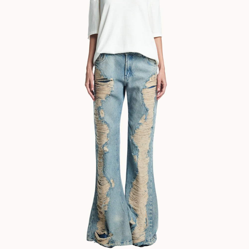 CALCA JEANS FLARE RASGOS FRONTAIS