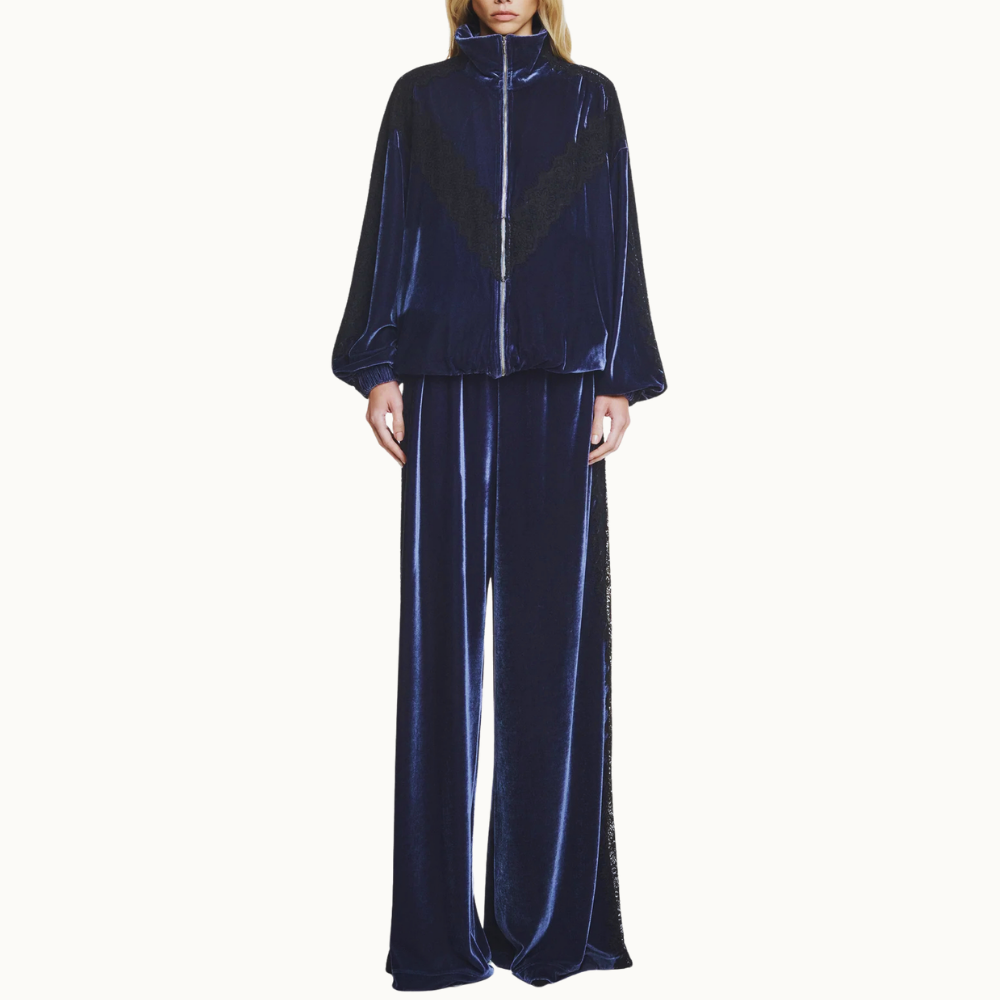 CALÇA ELÁSTICO CÓS VELUDO AZUL RENDA PRETA