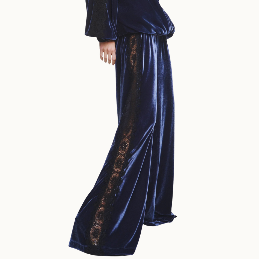 CALÇA ELÁSTICO CÓS VELUDO AZUL RENDA PRETA