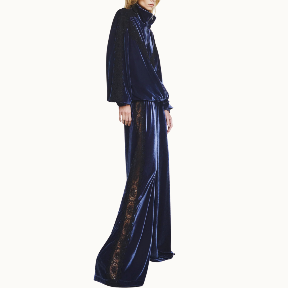 CALÇA ELÁSTICO CÓS VELUDO AZUL RENDA PRETA
