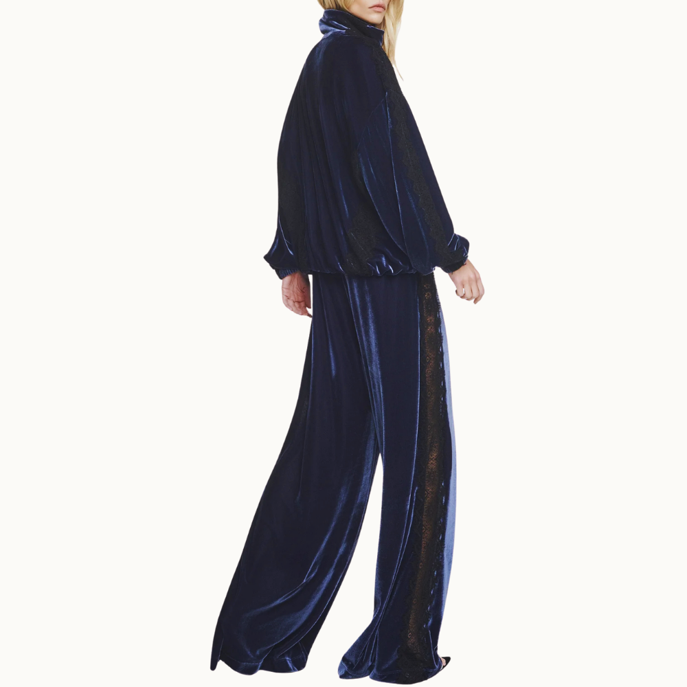 CALÇA ELÁSTICO CÓS VELUDO AZUL RENDA PRETA