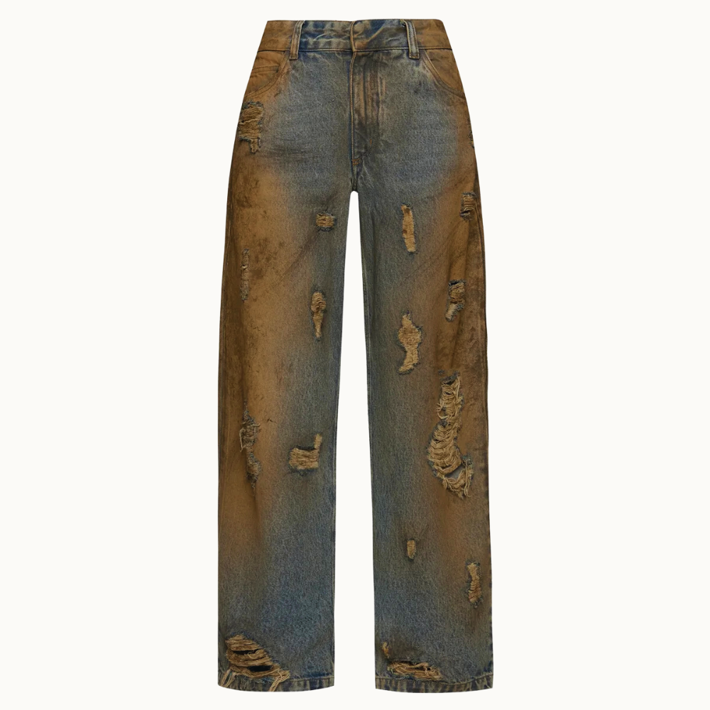 CALÇA JEANS BALLOON MANCHADA COM RASGOS