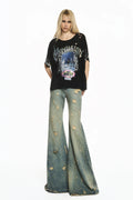 CALÇA JEANS FLARE BOCA DE SINO MANCHADA RASGOS