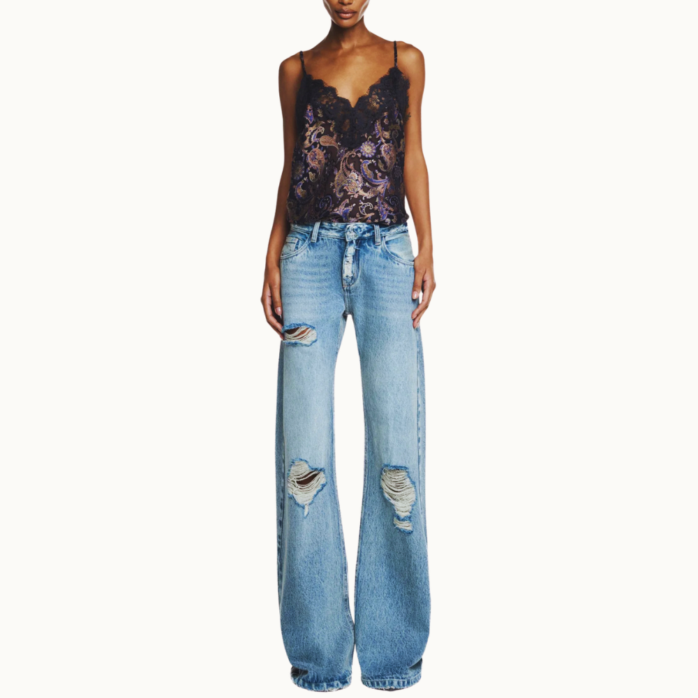 CALÇA JEANS FLARE RASGOS CINTURA BAIXA COSTURA LATERAL