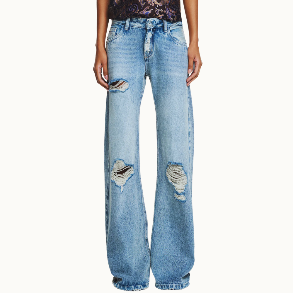 CALÇA JEANS FLARE RASGOS CINTURA BAIXA COSTURA LATERAL