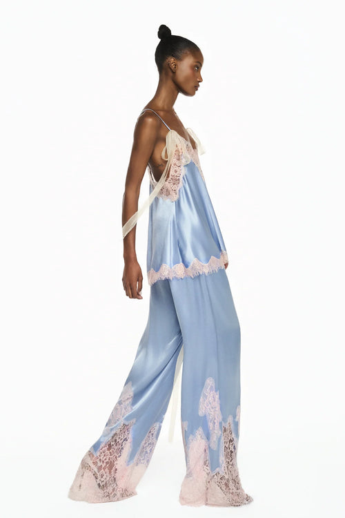 CALÇA ELÁSTICO CÓS CETIM AZUL RENDA ROSA