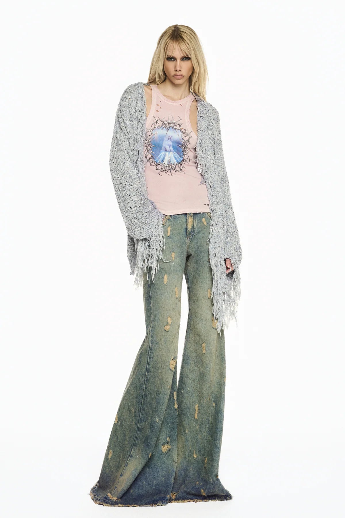 CALÇA JEANS FLARE BOCA DE SINO MANCHADA RASGOS