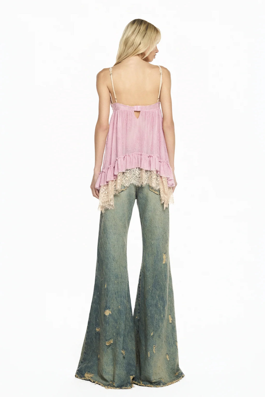 CALÇA JEANS FLARE BOCA DE SINO MANCHADA RASGOS