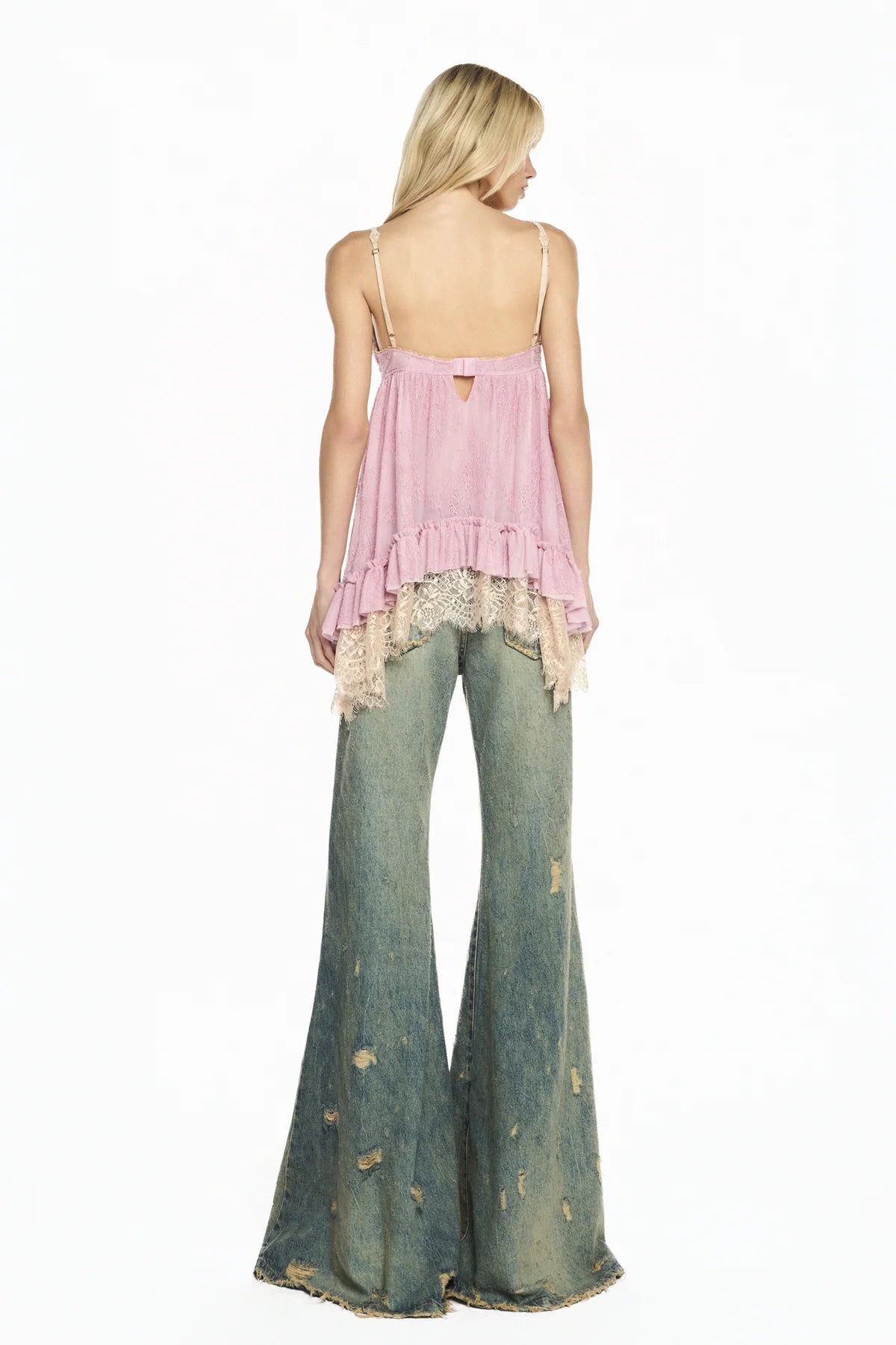 CALÇA JEANS FLARE BOCA DE SINO MANCHADA RASGOS