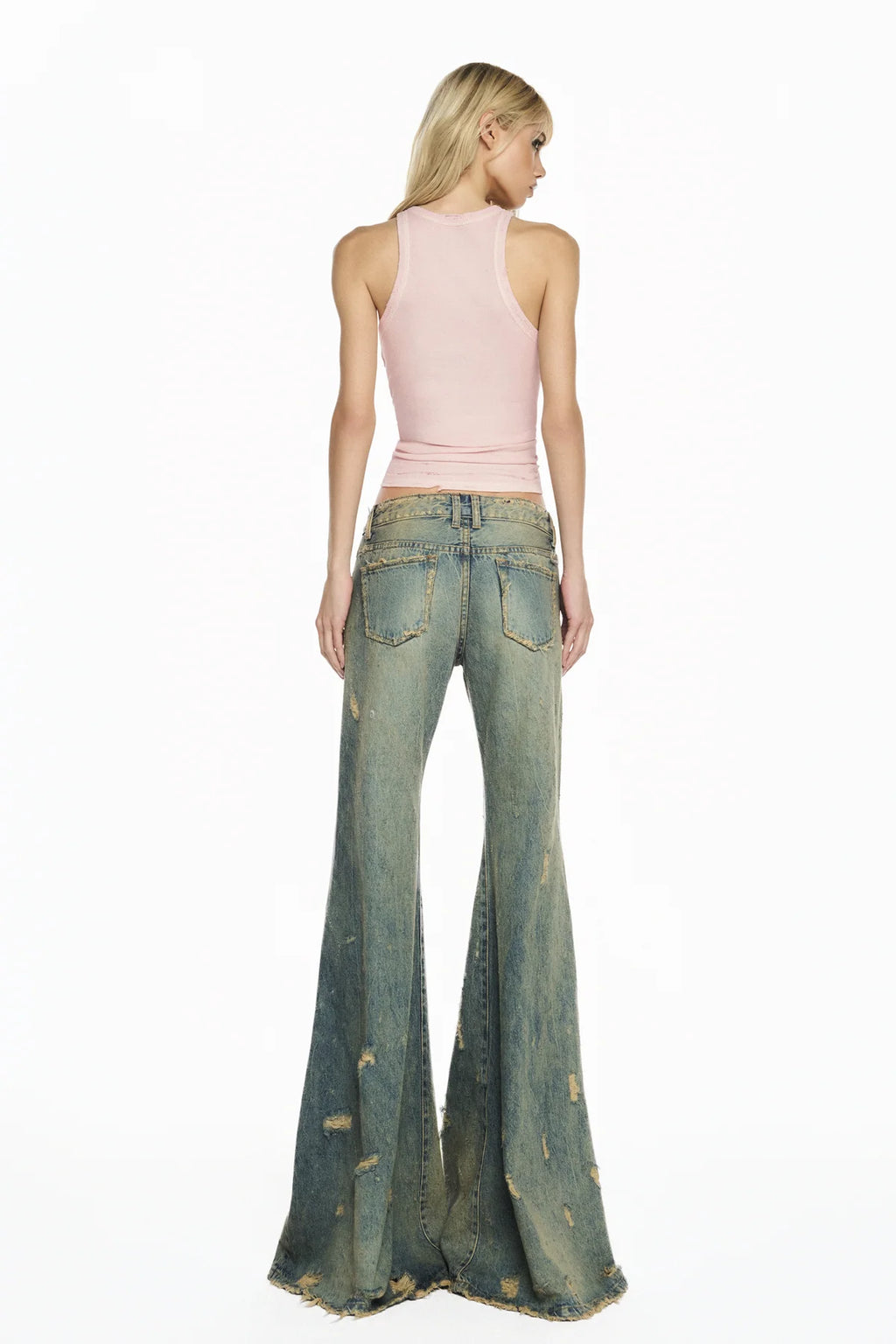 CALÇA JEANS FLARE BOCA DE SINO MANCHADA RASGOS