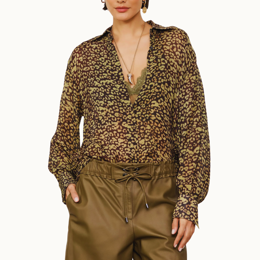 CAMISA DE GEORGETTE MANGA LONGA AMPLA ONÇA COLOR TINA
