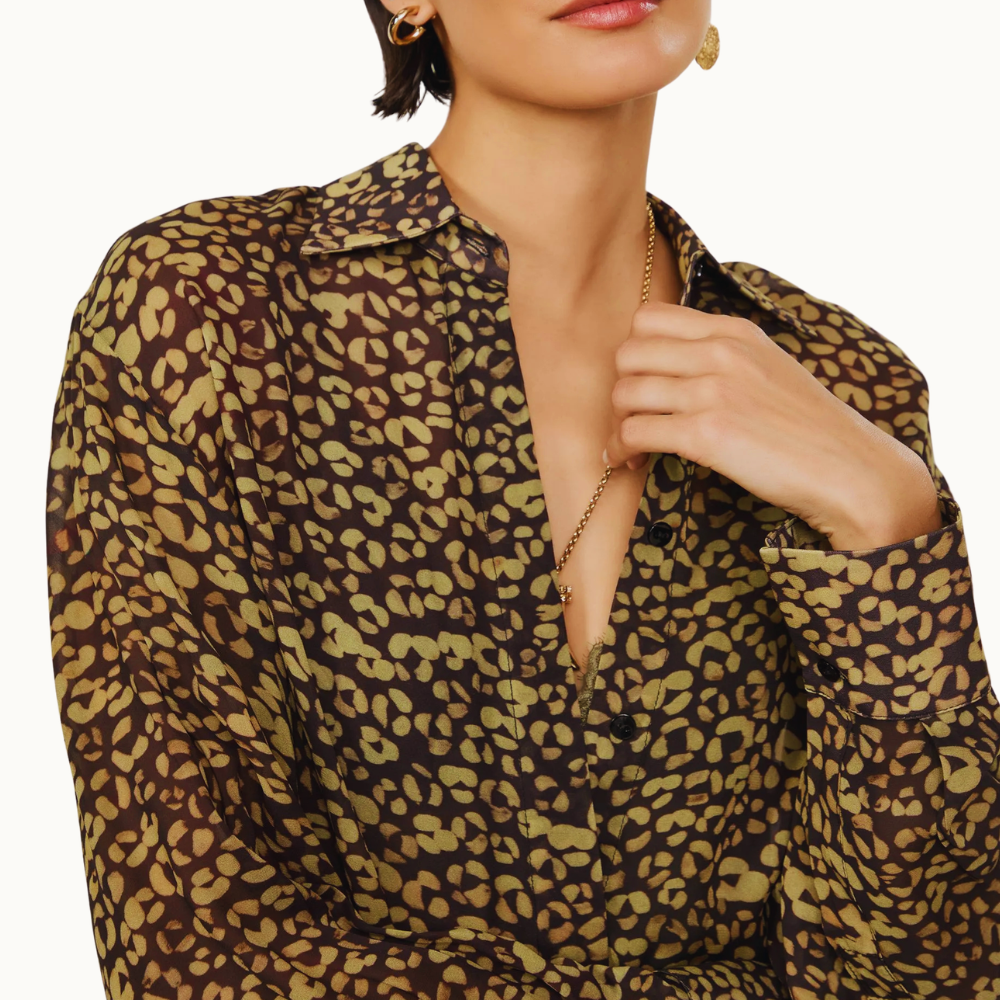 CAMISA DE GEORGETTE MANGA LONGA AMPLA ONÇA COLOR TINA