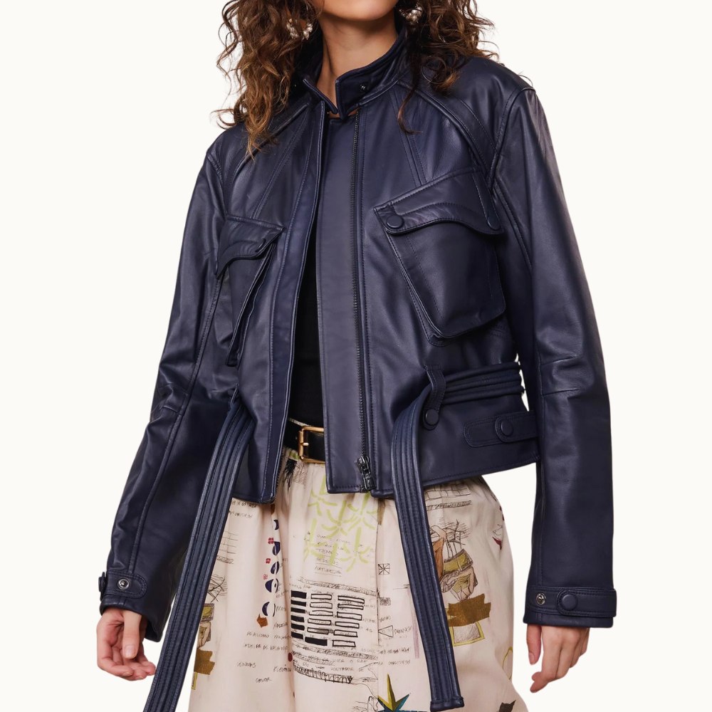 JAQUETA DE COURO FAIXA MATELASSE MARINHO