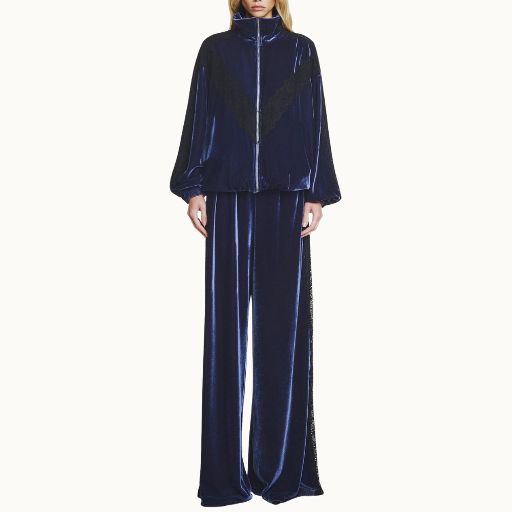 JAQUETA VELUDO AZUL RENDA PRETA