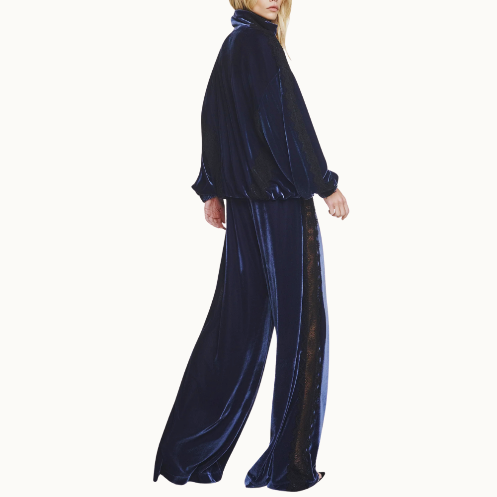 JAQUETA VELUDO AZUL RENDA PRETA