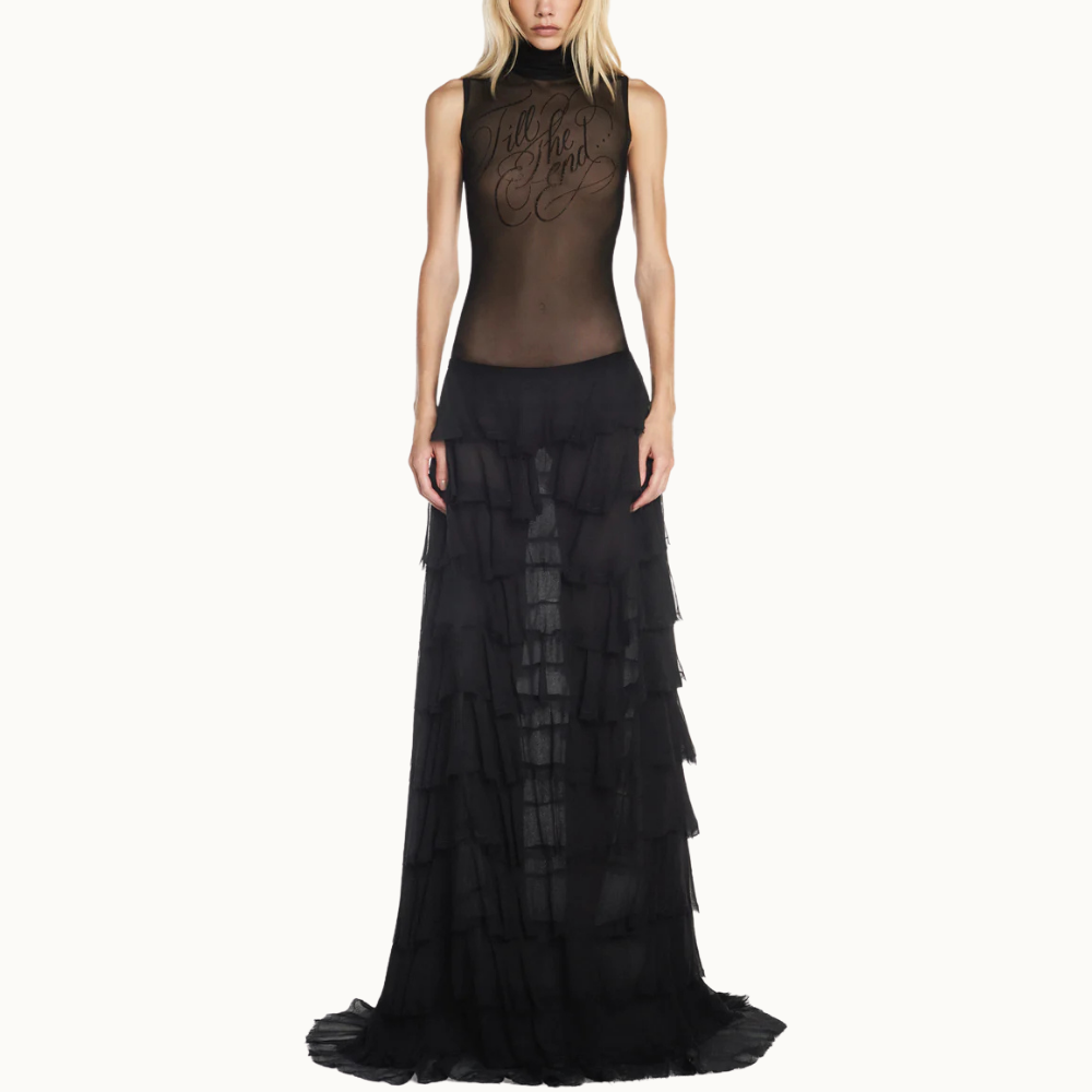 SAIA LONGA BABADOS CHIFFON PRETO
