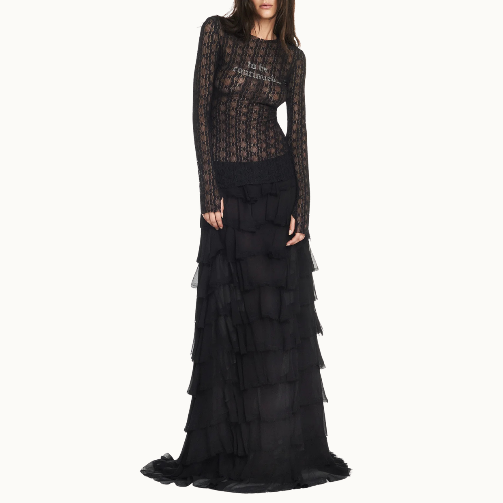 SAIA LONGA BABADOS CHIFFON PRETO