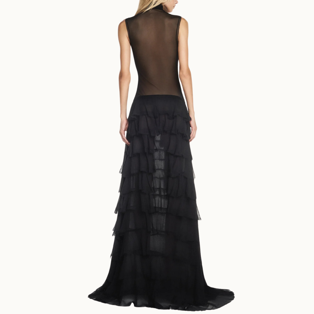 SAIA LONGA BABADOS CHIFFON PRETO