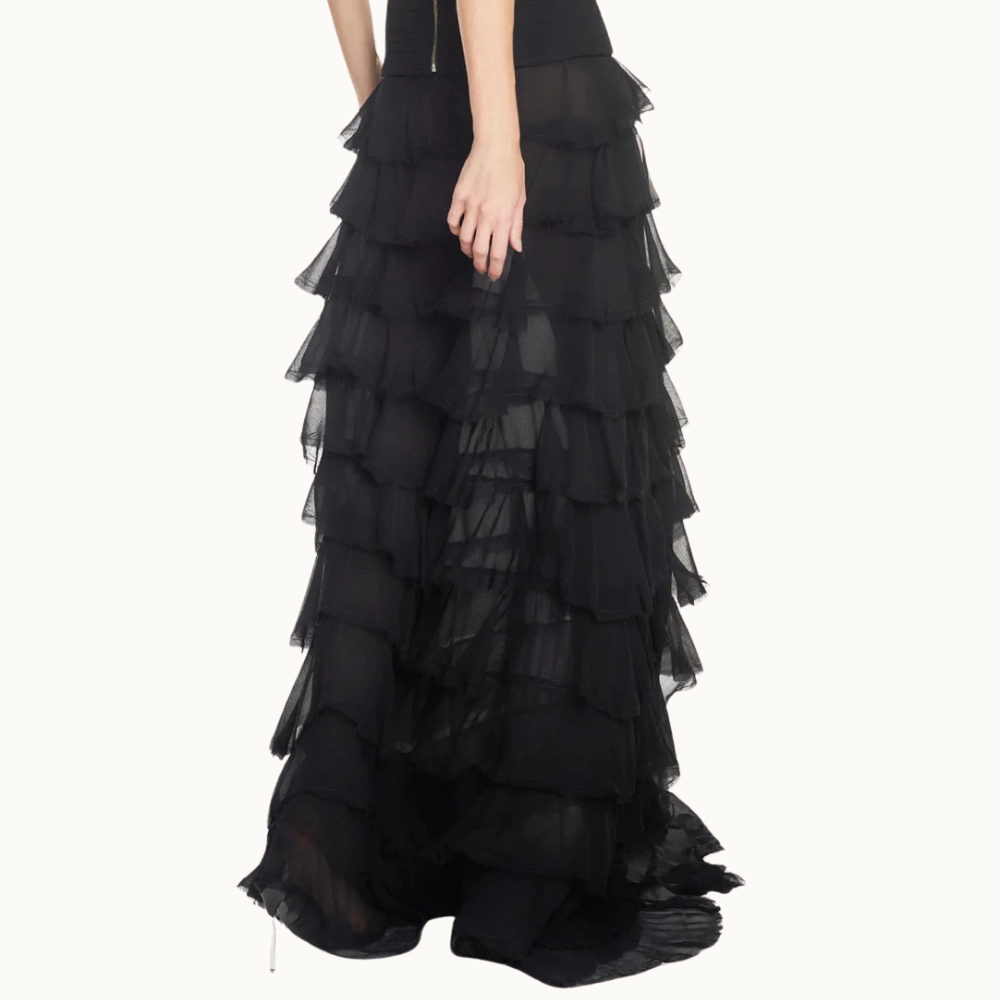 SAIA LONGA BABADOS CHIFFON PRETO