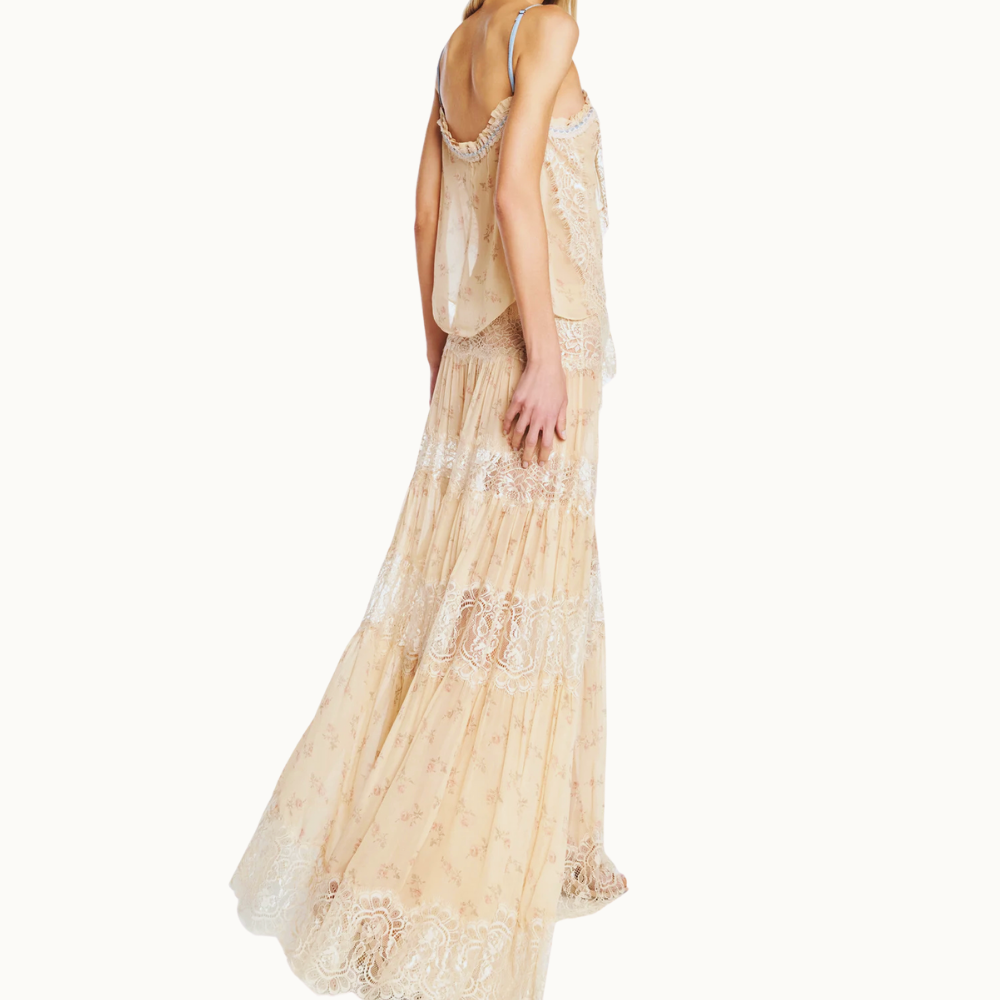 SAIA LONGA CHIFFON FLORAL COM RENDA