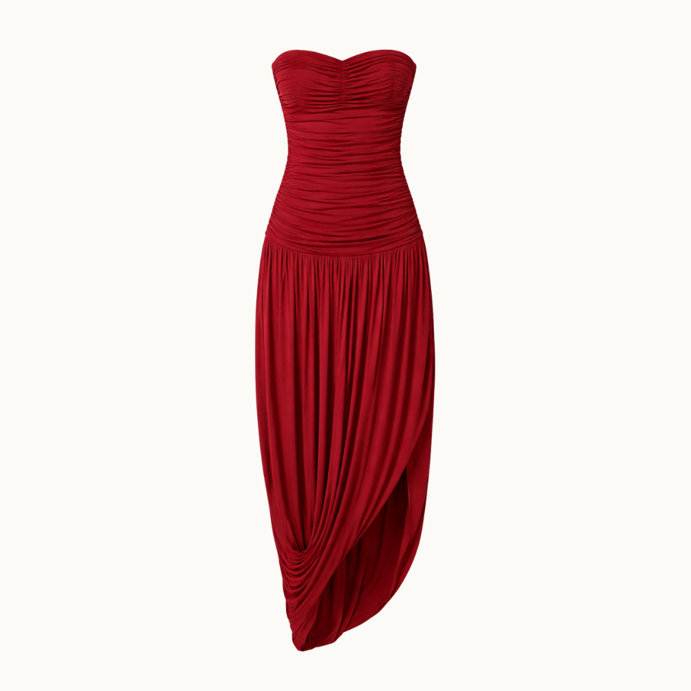 VESTIDO TOMARA QUE CAIA CORPO DRAPEADO SAIA TORCIDA