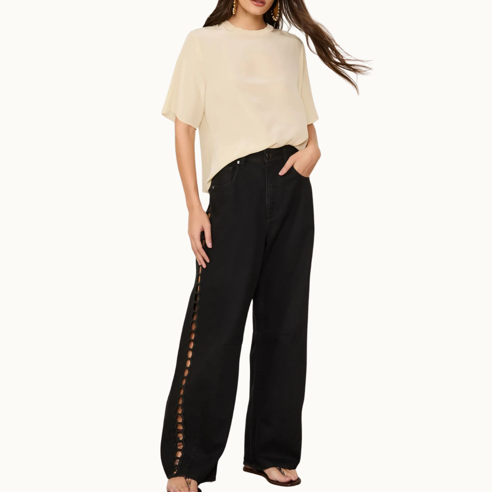 T-Shirt De Seda Bege Pret Gola Rib